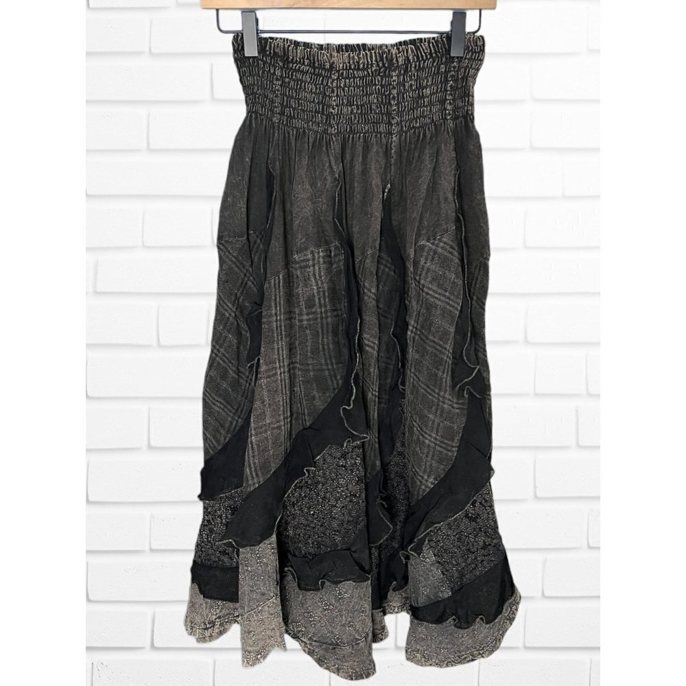 Luiselle Italian Linen Women's OS Lagenlook Maxi Skirt Black Patchwork Layer New